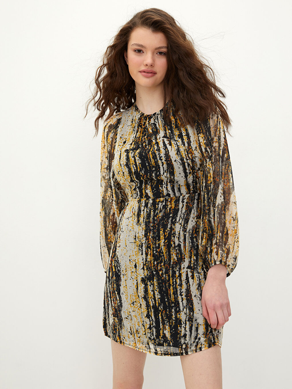 Siyah Bisiklet Yaka Desenli Uzun Kollu Kadın Elbise-1