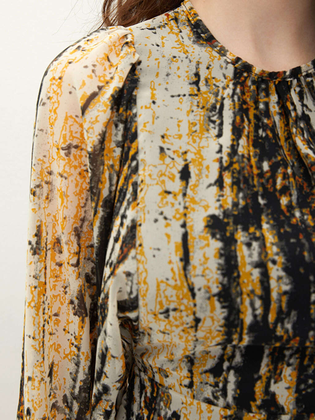 Siyah Bisiklet Yaka Desenli Uzun Kollu Kadın Elbise-3