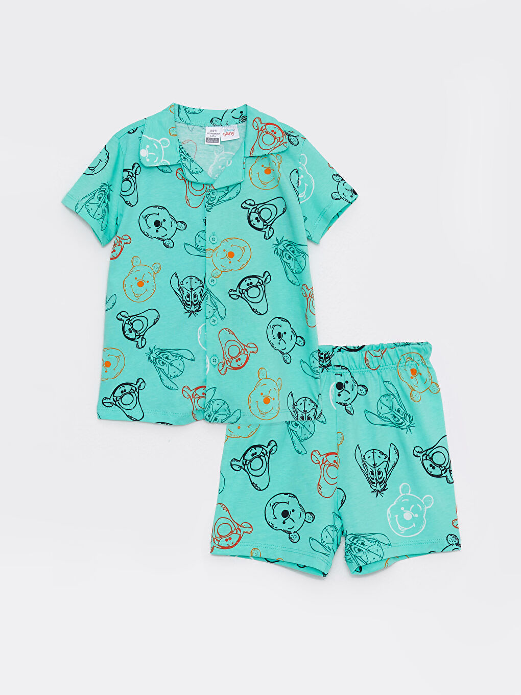Yeşil Polo Yaka Kısa Kollu Winnie the Pooh Baskılı Pamuklu Erkek Bebek Pijama Takım-4