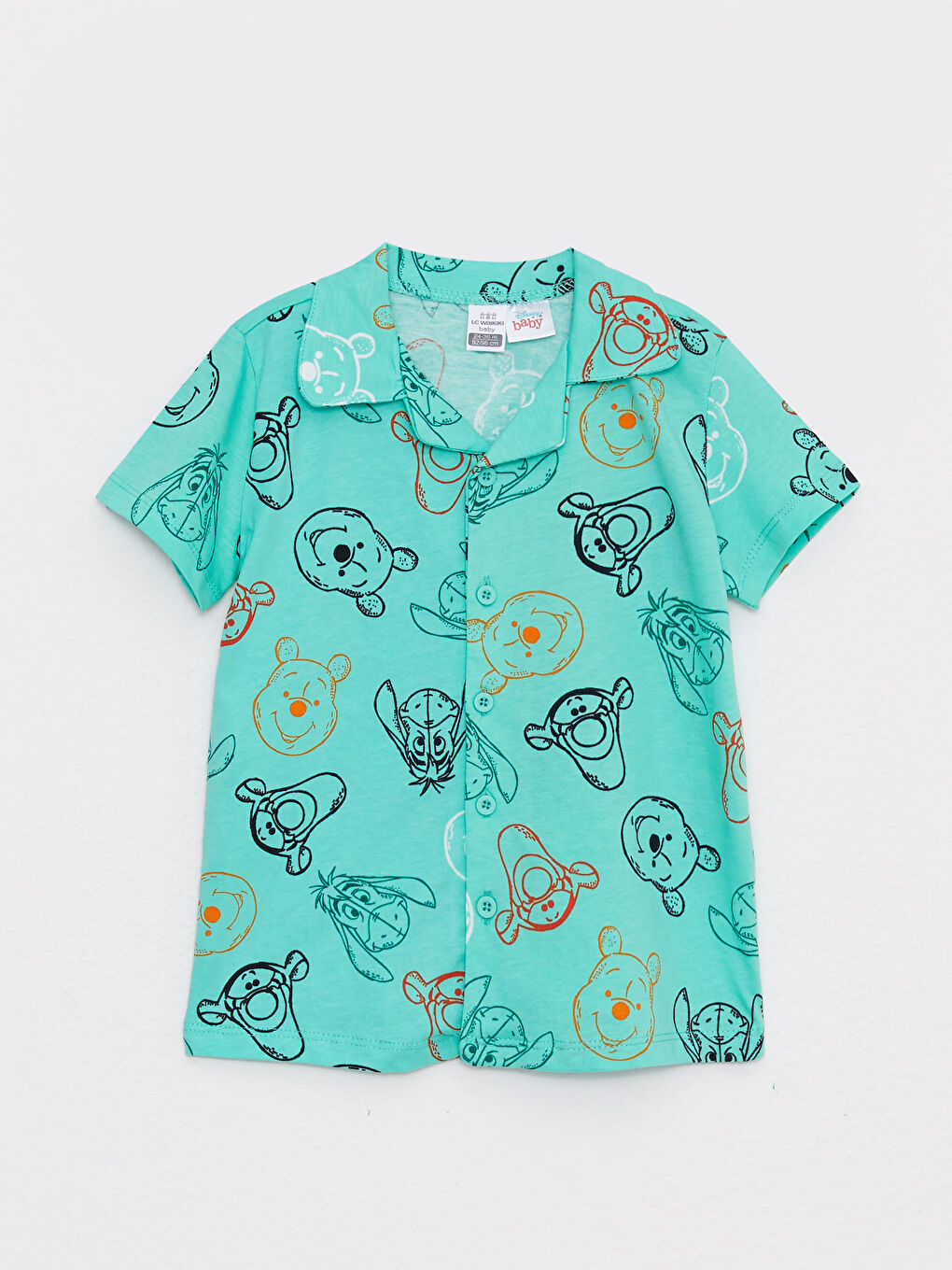 Yeşil Polo Yaka Kısa Kollu Winnie the Pooh Baskılı Pamuklu Erkek Bebek Pijama Takım-5