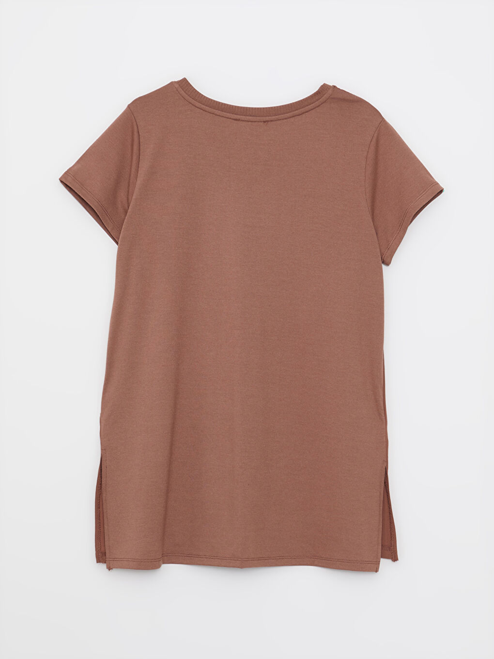 Kahverengi V Yaka Düz Kısa Kollu Kadın Tişört-7