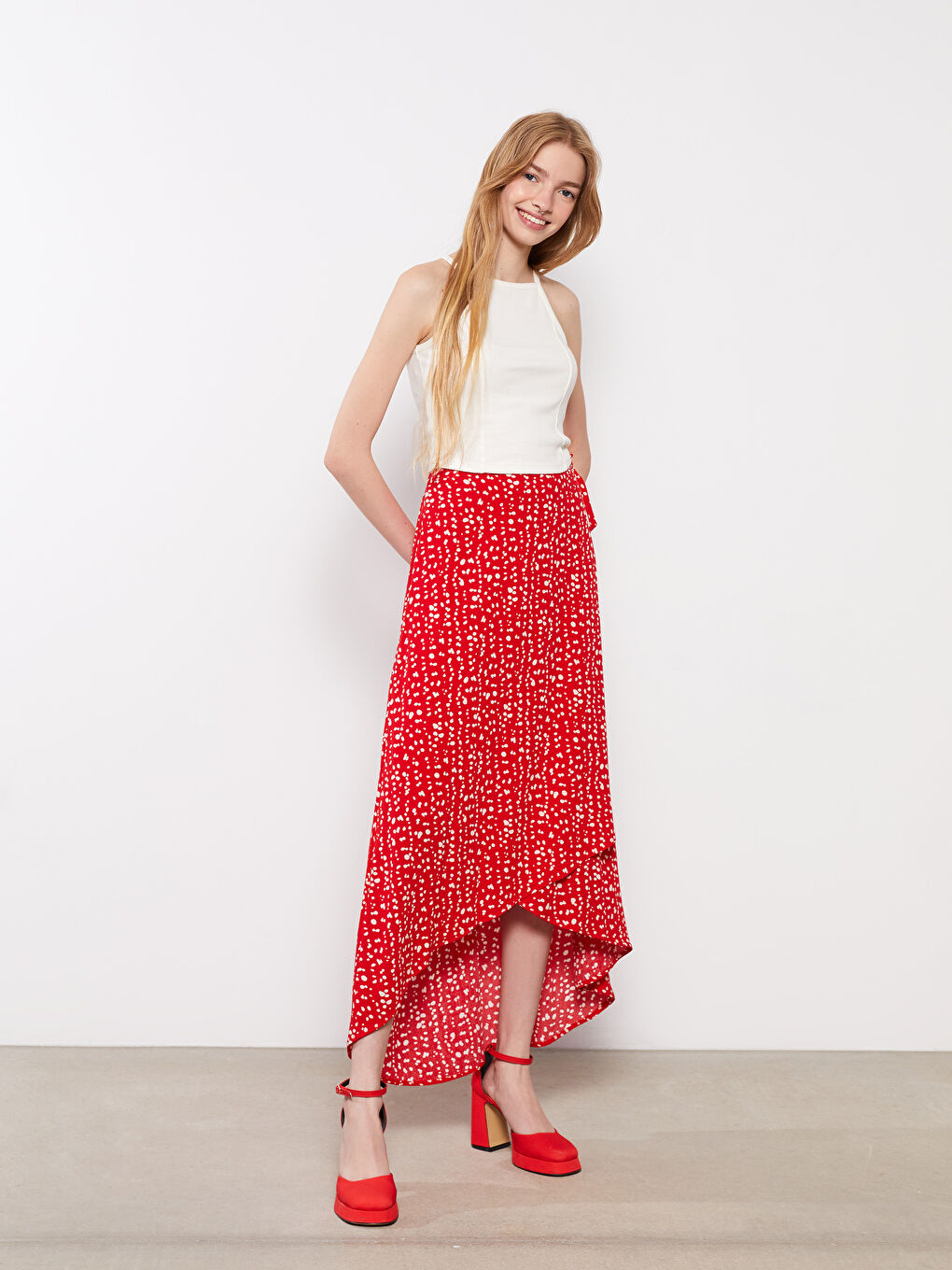 Kırmızı Beli Lastikli Desenli Viskon Kadın Etek-1