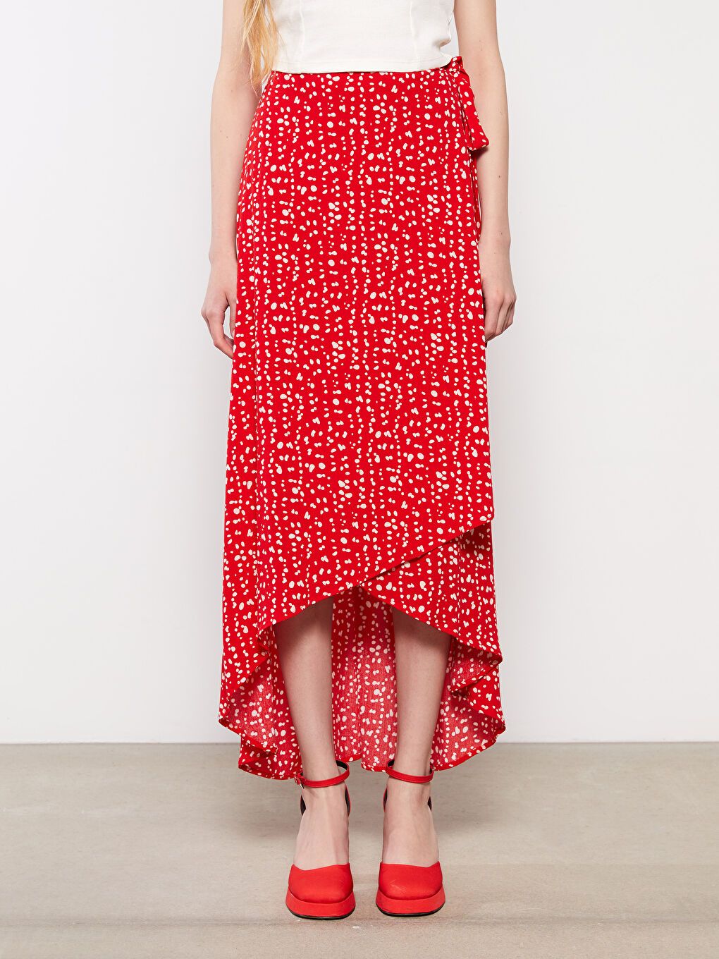 Kırmızı Beli Lastikli Desenli Viskon Kadın Etek-2