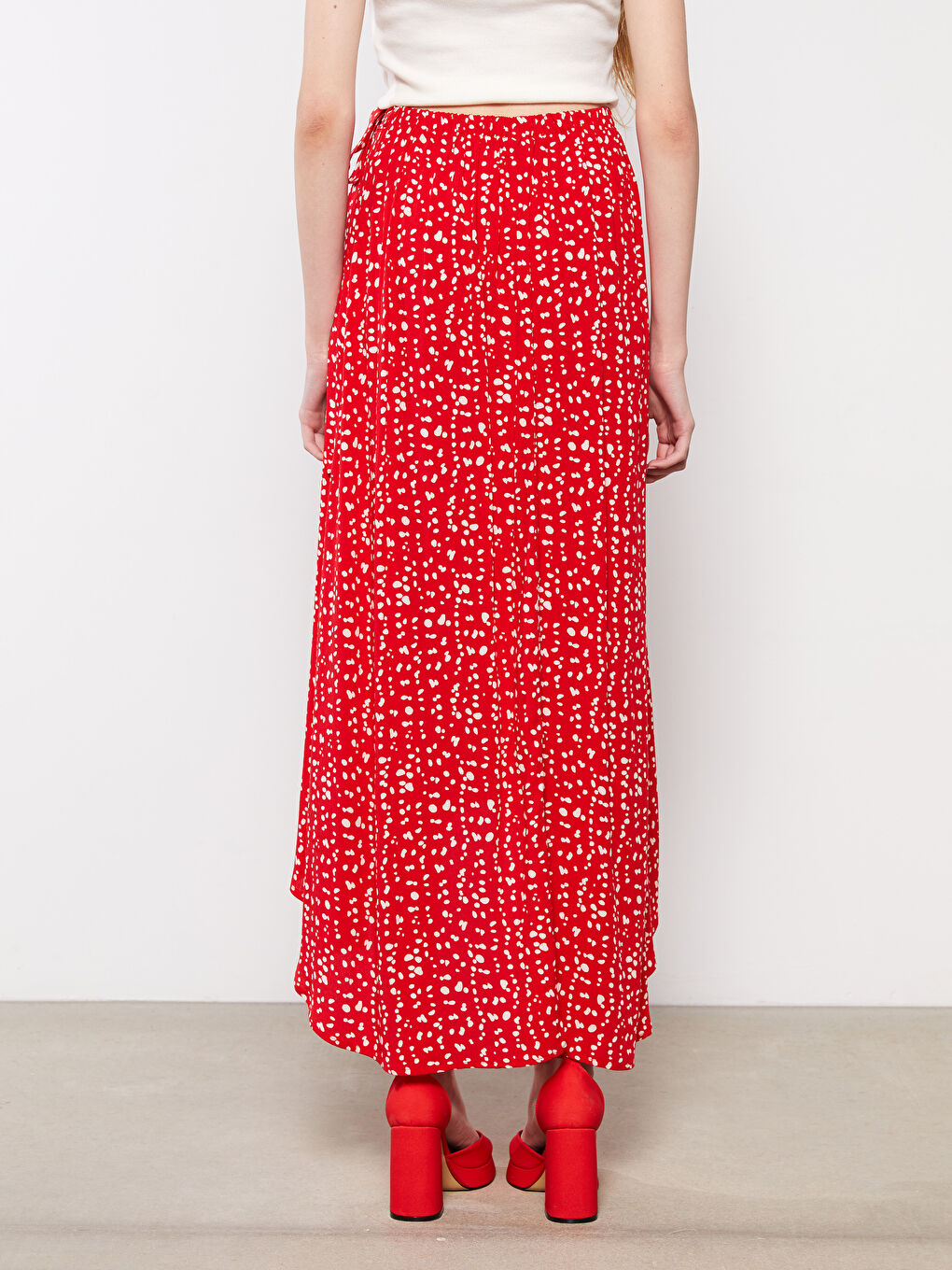 Kırmızı Beli Lastikli Desenli Viskon Kadın Etek-3