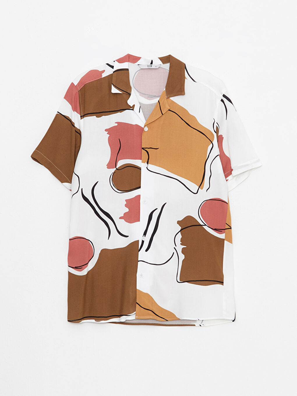 Kahverengi Rahat Kalıp Kısa Kollu Desenli Viskon Erkek Gömlek-5