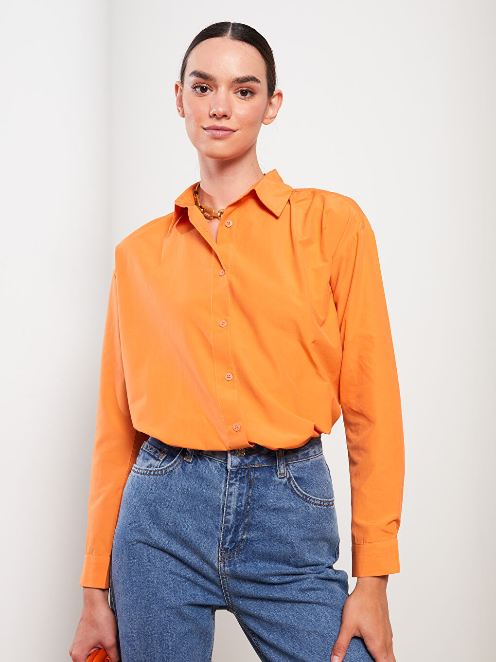 Turuncu Düz Uzun Kollu Oversize Poplin Kadın Gömlek Tunik-1