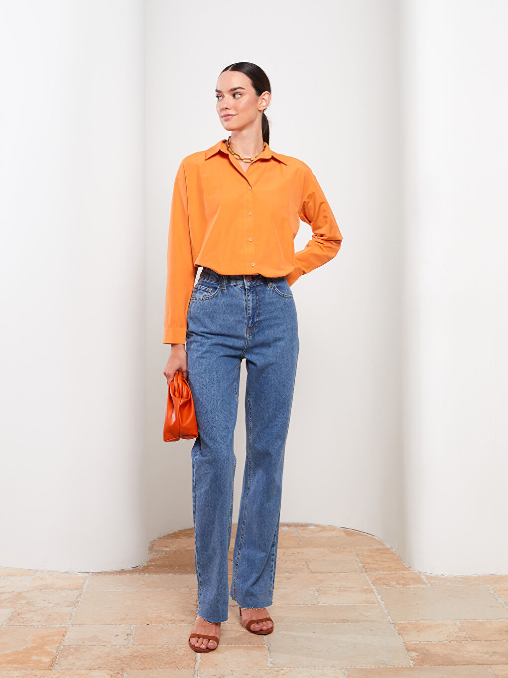 Turuncu Düz Uzun Kollu Oversize Poplin Kadın Gömlek Tunik-2