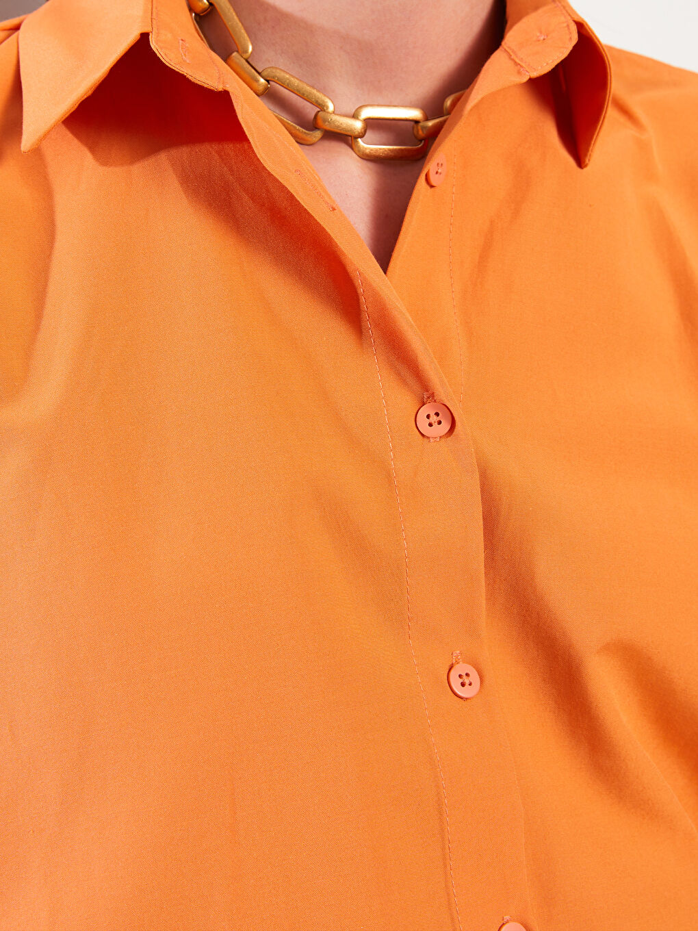 Turuncu Düz Uzun Kollu Oversize Poplin Kadın Gömlek Tunik-3