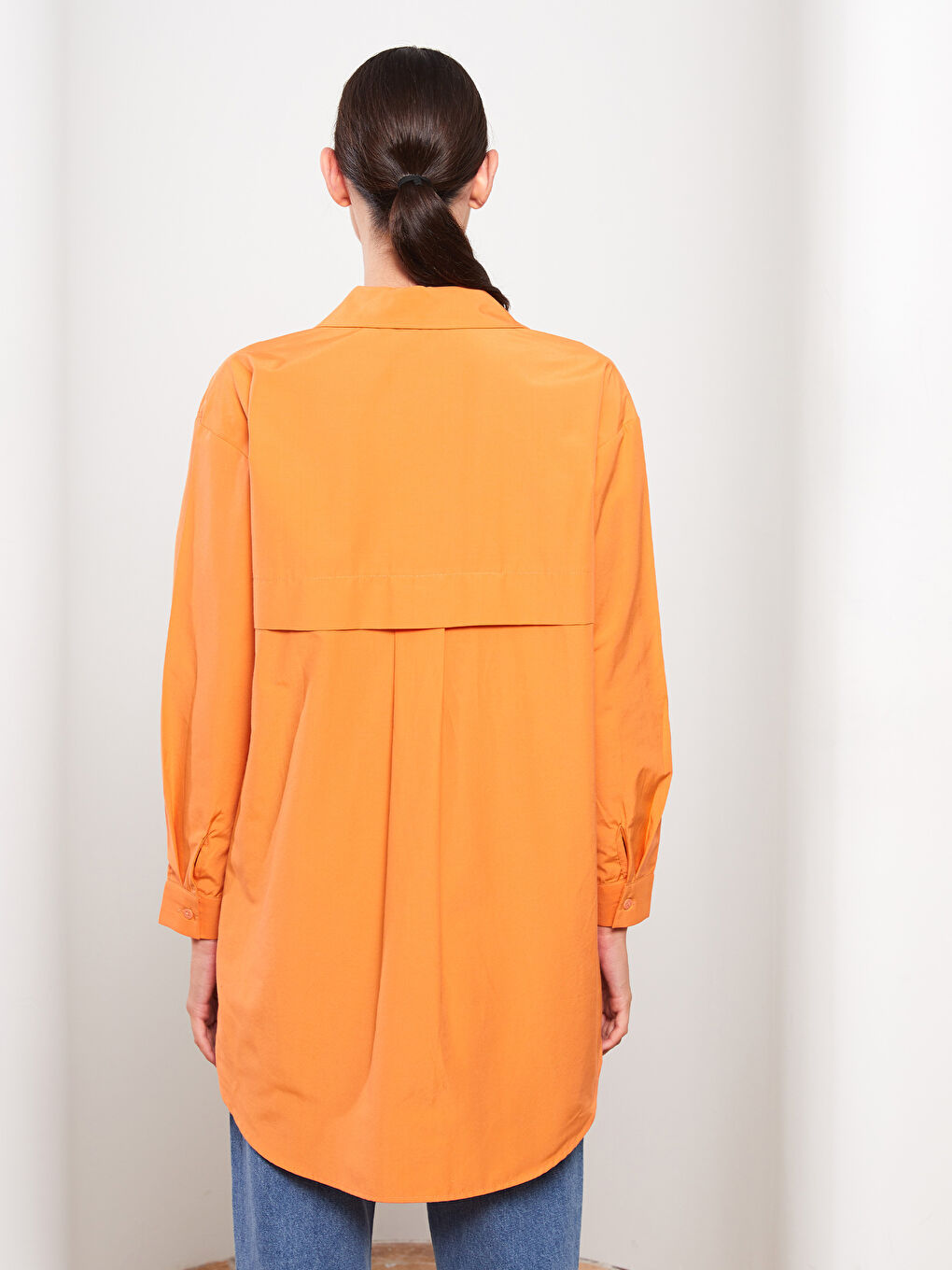 Turuncu Düz Uzun Kollu Oversize Poplin Kadın Gömlek Tunik-4