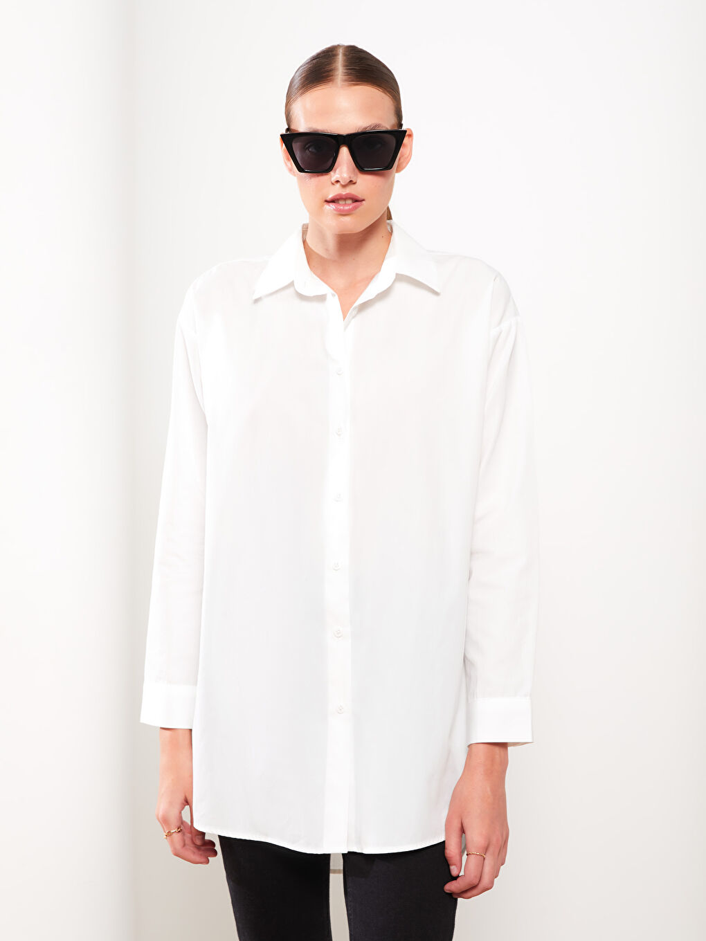 Plain Long Sleeve Oversize Poplin Women's Shirt Tunic-1