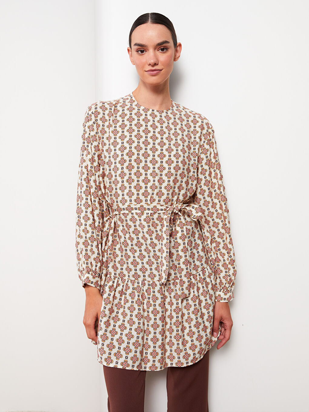 Ekru Bisiklet Yaka Desenli Uzun Kollu Kadın Tunik-1
