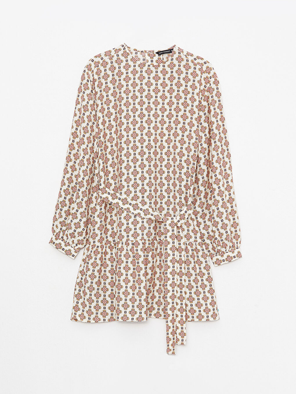 Ekru Bisiklet Yaka Desenli Uzun Kollu Kadın Tunik-5