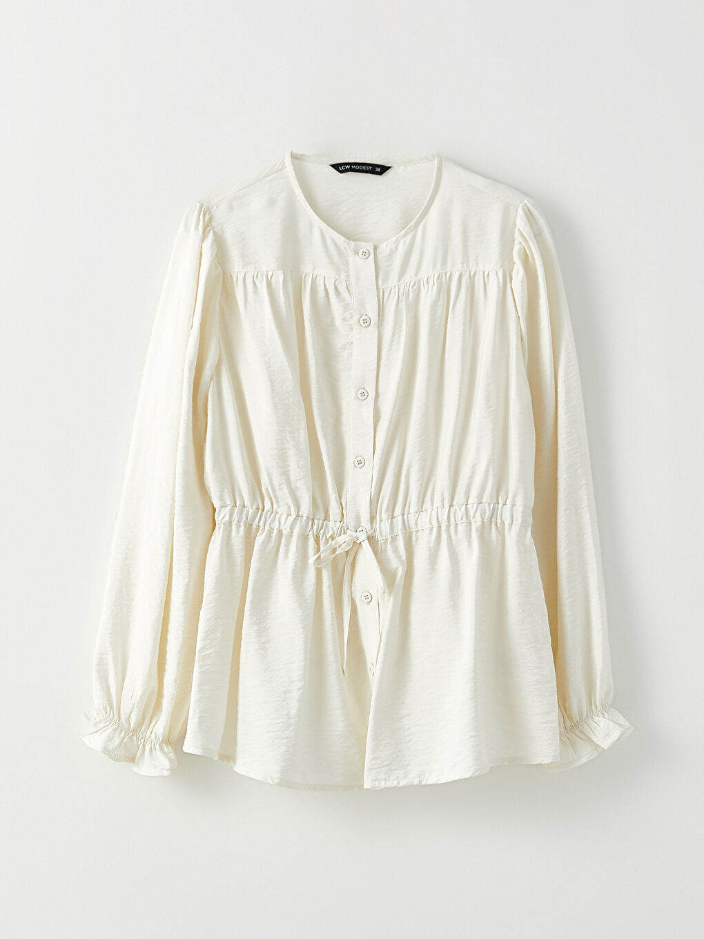 Ekru Bisiklet Yaka Düz Uzun Kollu Kadın Bluz-5