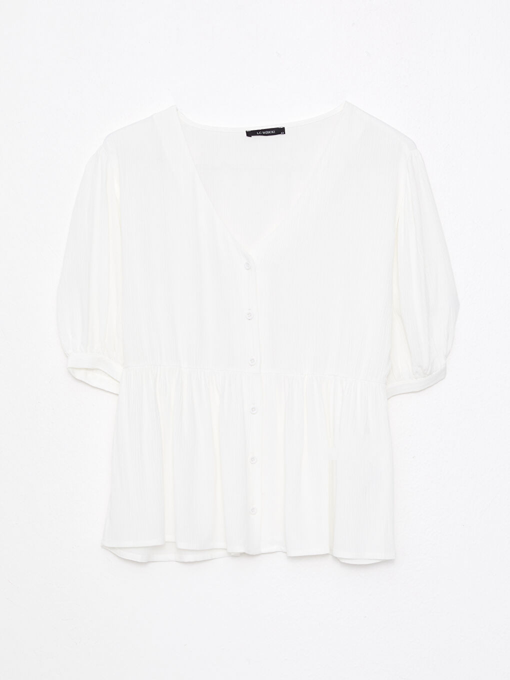 Beyaz Büyük Beden V Yaka Düz Kısa Kollu Krinkle Kadın Bluz-5