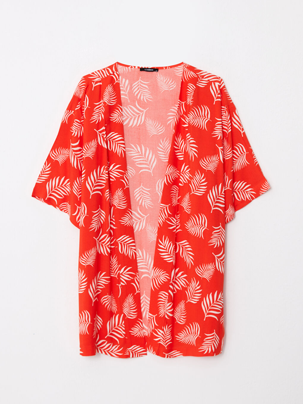 Kırmızı Büyük Beden Şal Yaka Desenli Viskon Kadın Kimono-5