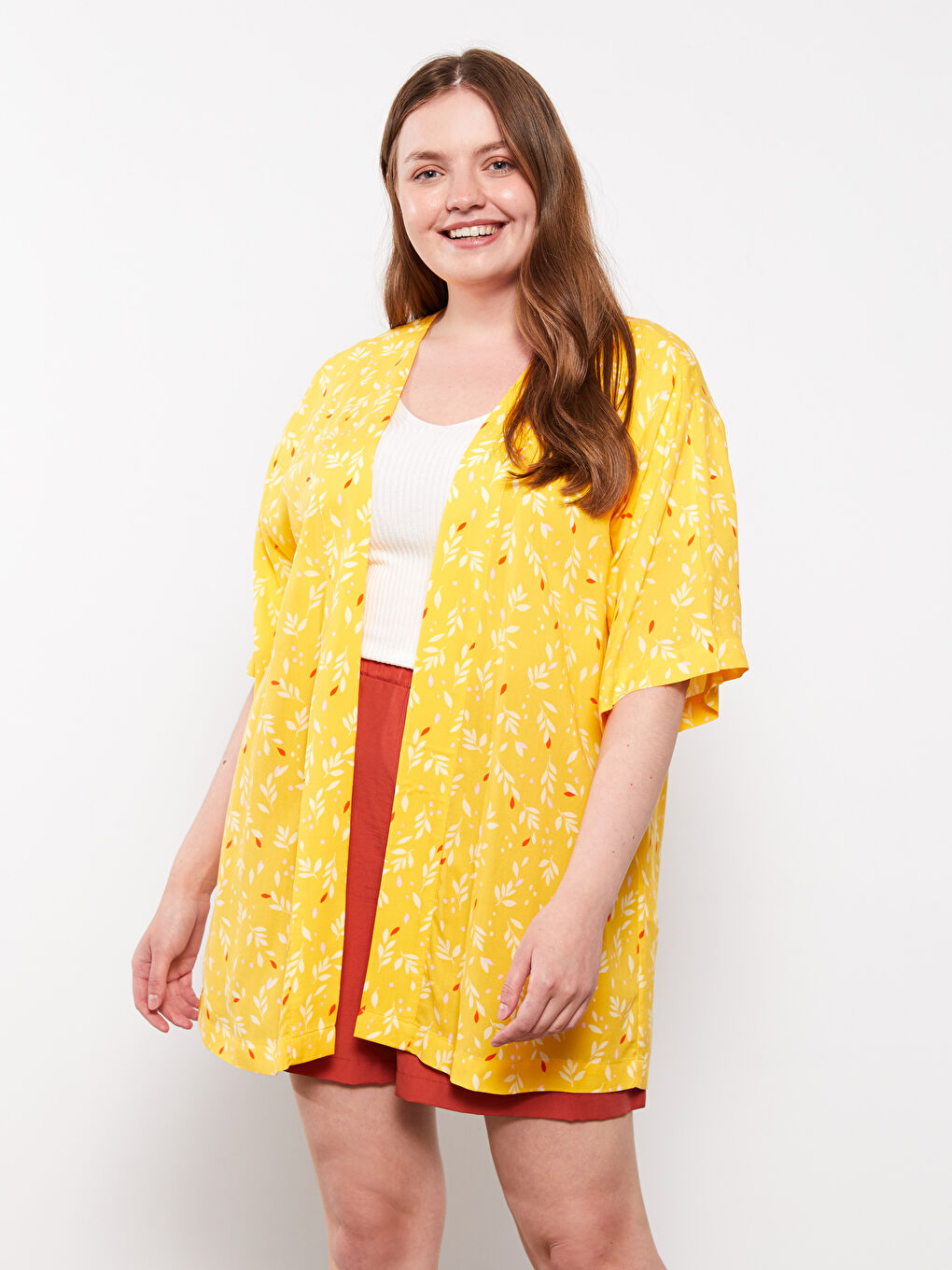 Sarı Büyük Beden Şal Yaka Desenli Viskon Kadın Kimono