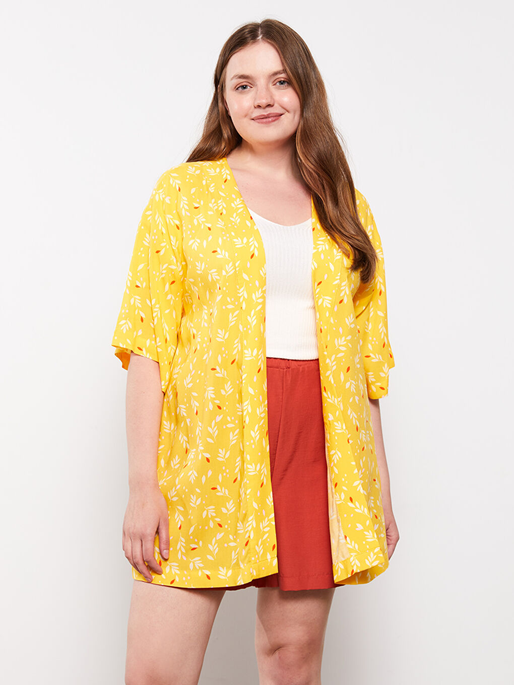 Sarı Büyük Beden Şal Yaka Desenli Viskon Kadın Kimono-1