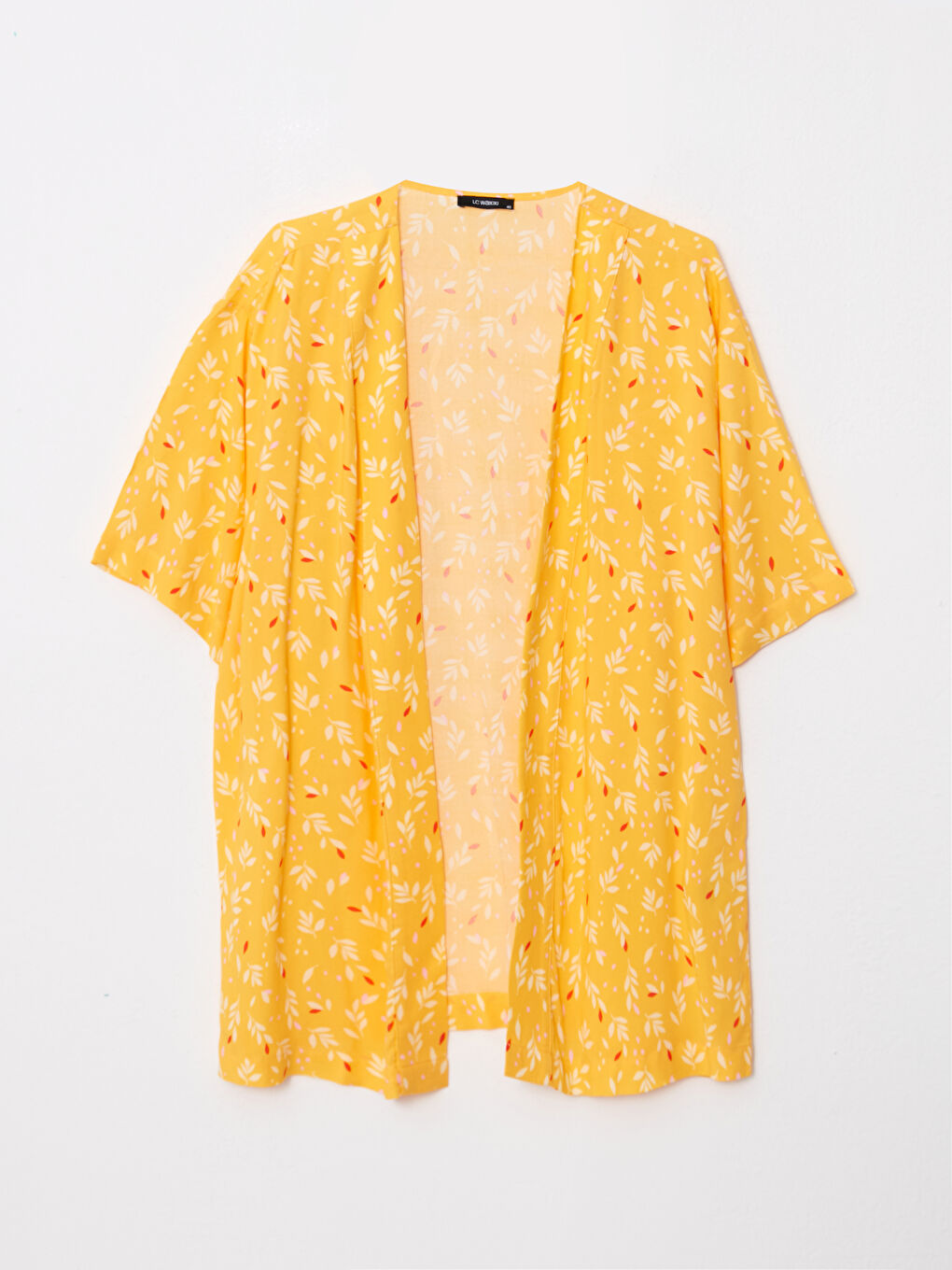 Sarı Büyük Beden Şal Yaka Desenli Viskon Kadın Kimono-5