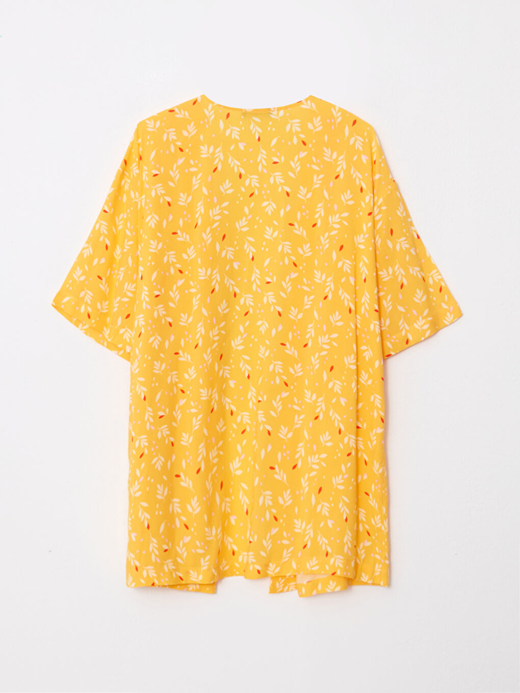 Sarı Büyük Beden Şal Yaka Desenli Viskon Kadın Kimono-6