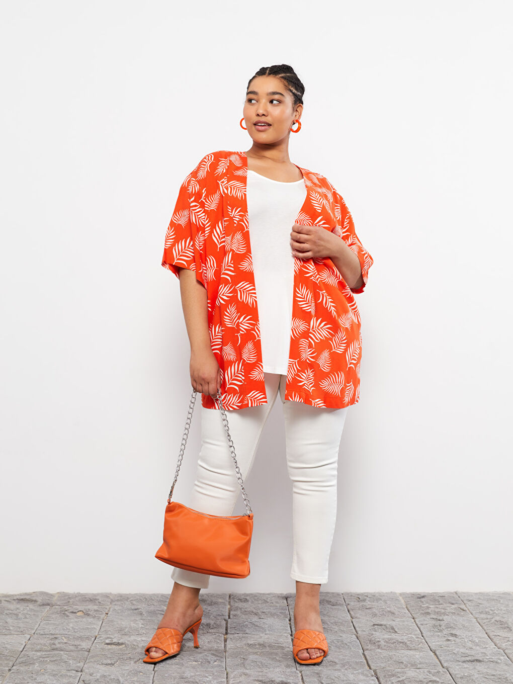 Kırmızı Büyük Beden Şal Yaka Desenli Viskon Kadın Kimono