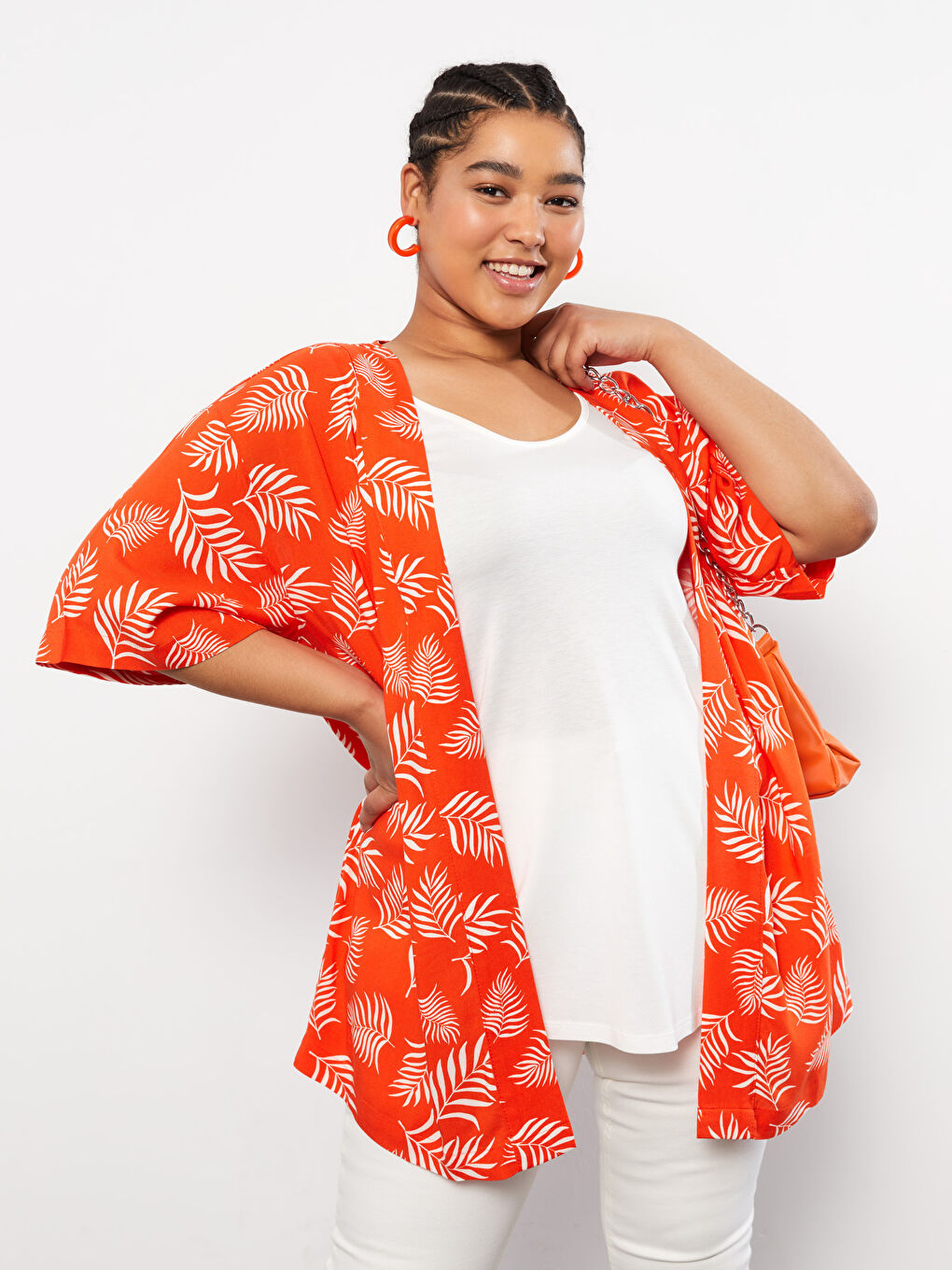 Kırmızı Büyük Beden Şal Yaka Desenli Viskon Kadın Kimono-1