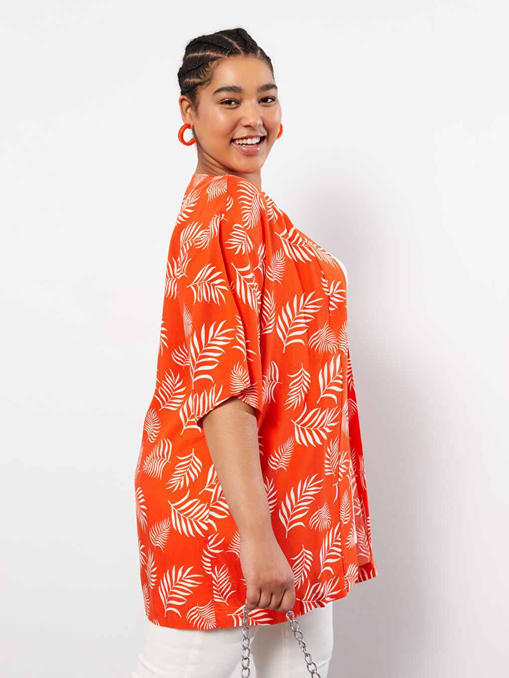 Kırmızı Büyük Beden Şal Yaka Desenli Viskon Kadın Kimono-2