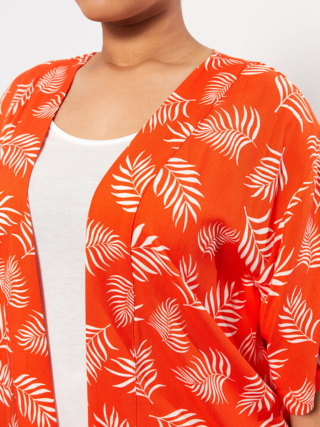 Kırmızı Büyük Beden Şal Yaka Desenli Viskon Kadın Kimono-3