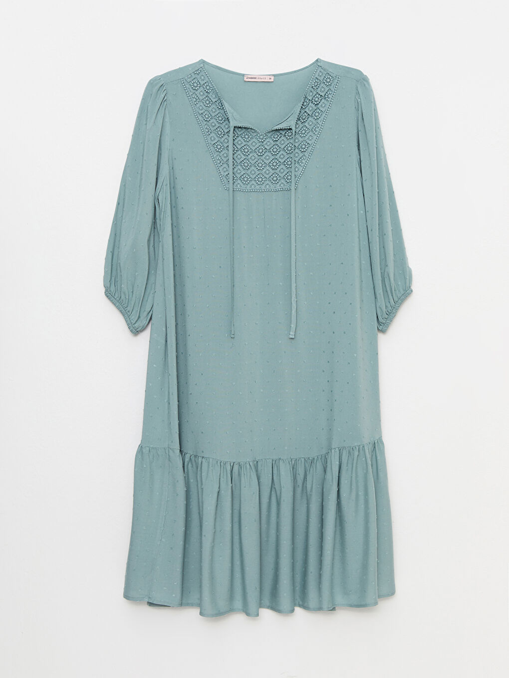 Yeşil Bağlamalı Yaka Nakışlı Viskon Kadın Elbise-5