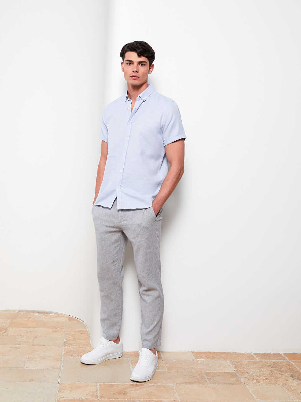 Mavi Slim Fit Kısa Kollu Armürlü Erkek Gömlek