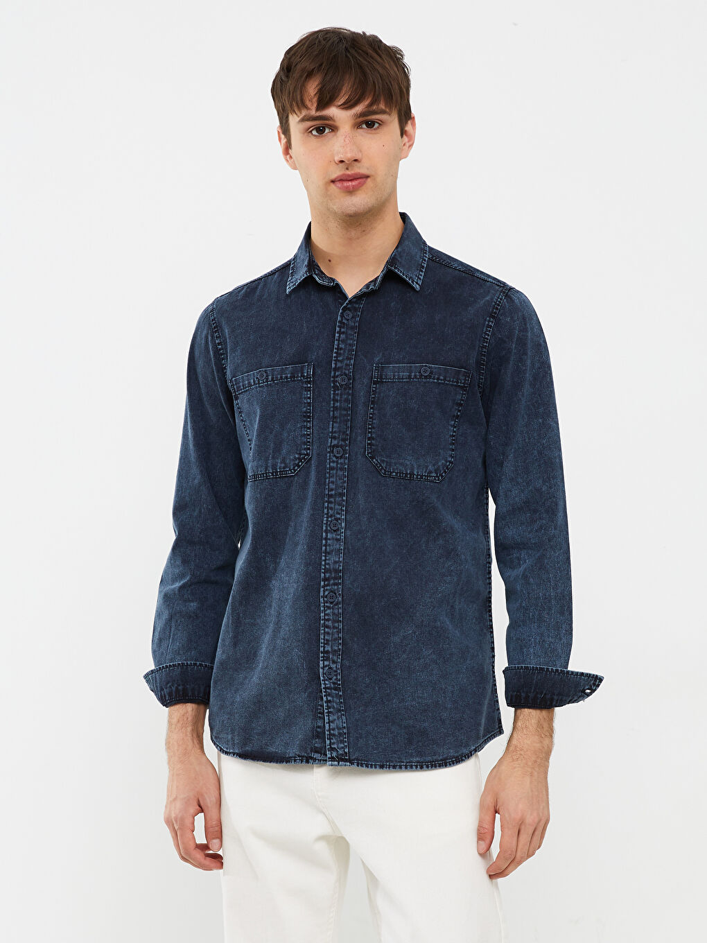 İndigo Regular Fit Uzun Kollu Erkek Jean Gömlek-1