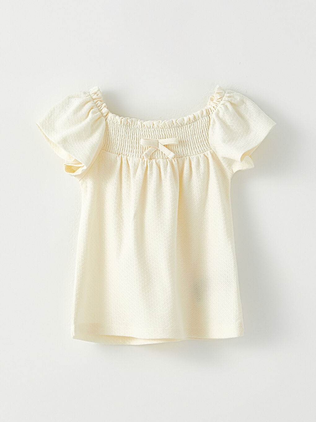 Ekru Bisiklet Yaka Kısa Kollu Basic Pamuklu Kız Bebek Tişört