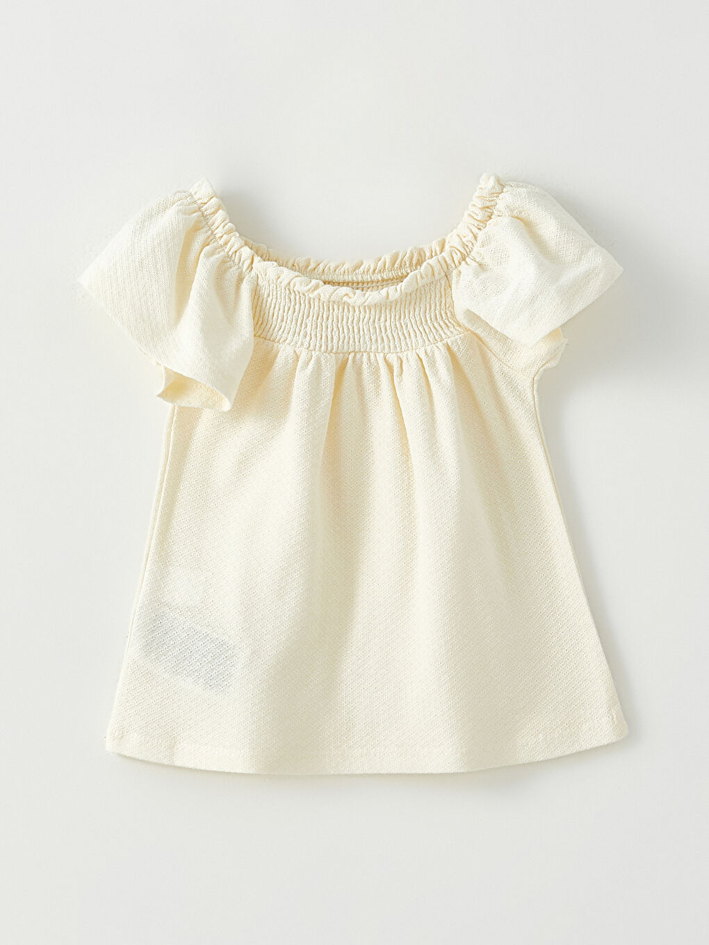 Ekru Bisiklet Yaka Kısa Kollu Basic Pamuklu Kız Bebek Tişört-1