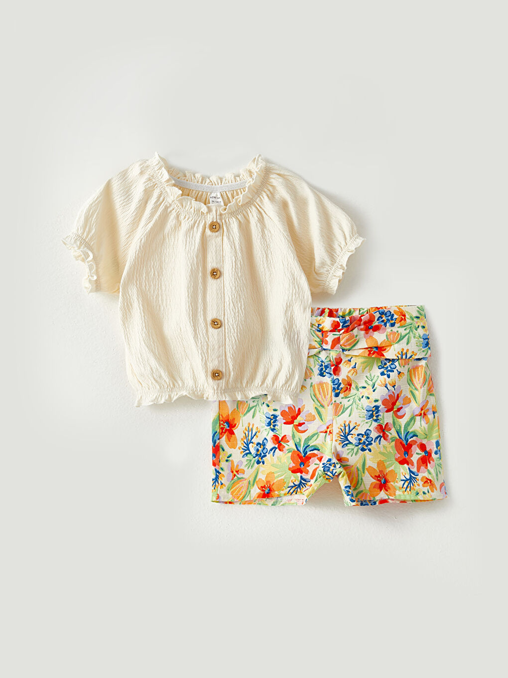 Ekru Bisiklet Yaka Kısa Kollu Kız Bebek Bluz ve Şort 2'li Takım-3