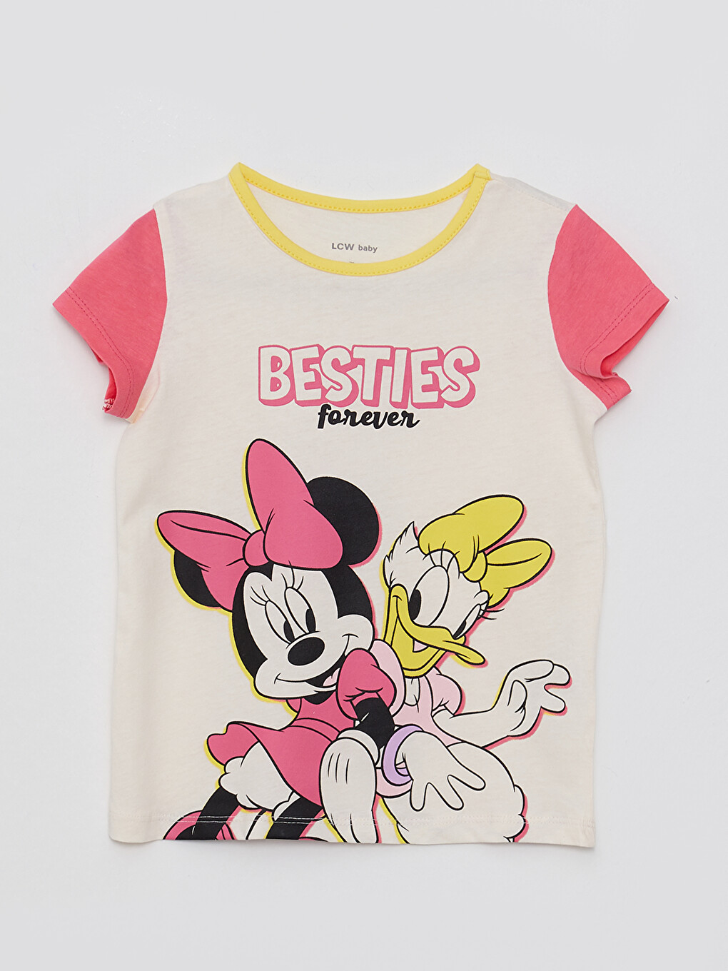 Ekru Bisiklet Yaka Kısa Kol Minnie Mouse Baskılı Pamuklu Kız Bebek Tişört