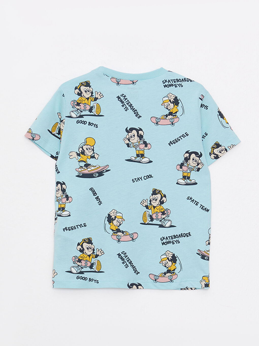 Turkuaz Bisiklet Yaka Kısa Kollu Nostaljik Maymun Baskılı Pamuklu Erkek Bebek Tişört-1