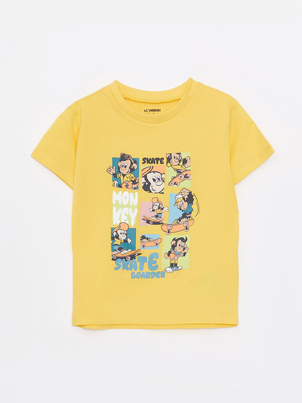 Sarı Bisiklet Yaka Kısa Kollu Nostaljik Maymun Baskılı Pamuklu Erkek Bebek Tişört