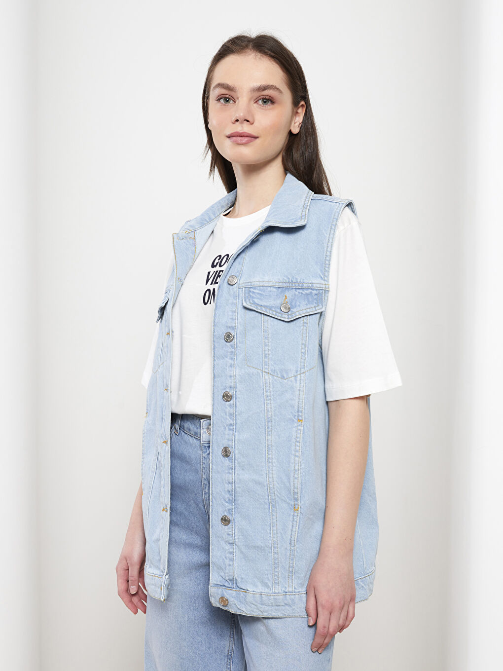 İndigo Kadın Gömlek Yaka Düz Jean Yelek