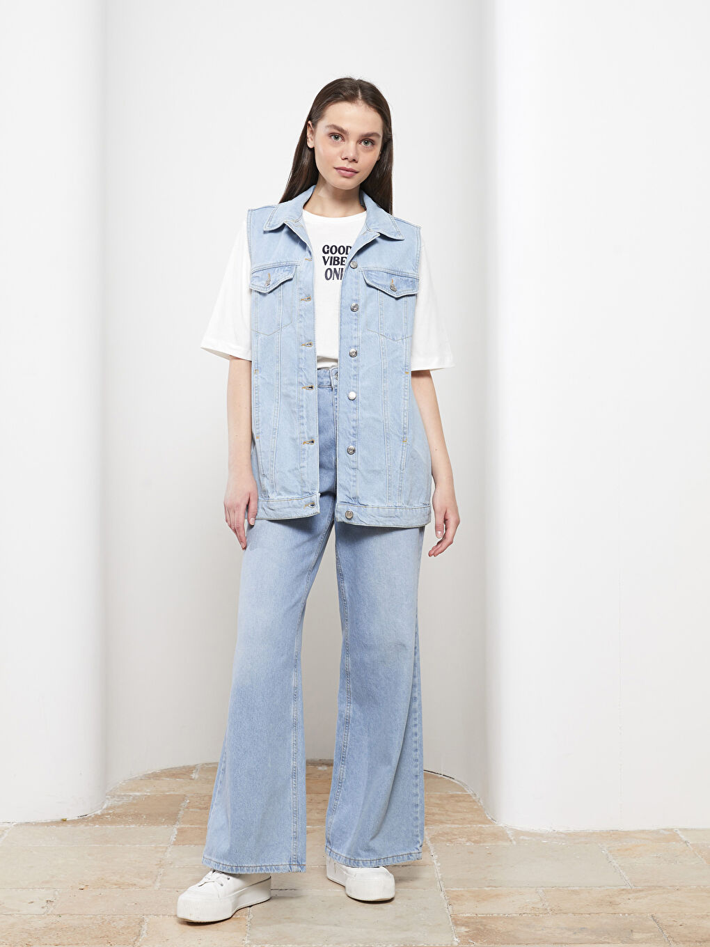 İndigo Kadın Gömlek Yaka Düz Jean Yelek-1