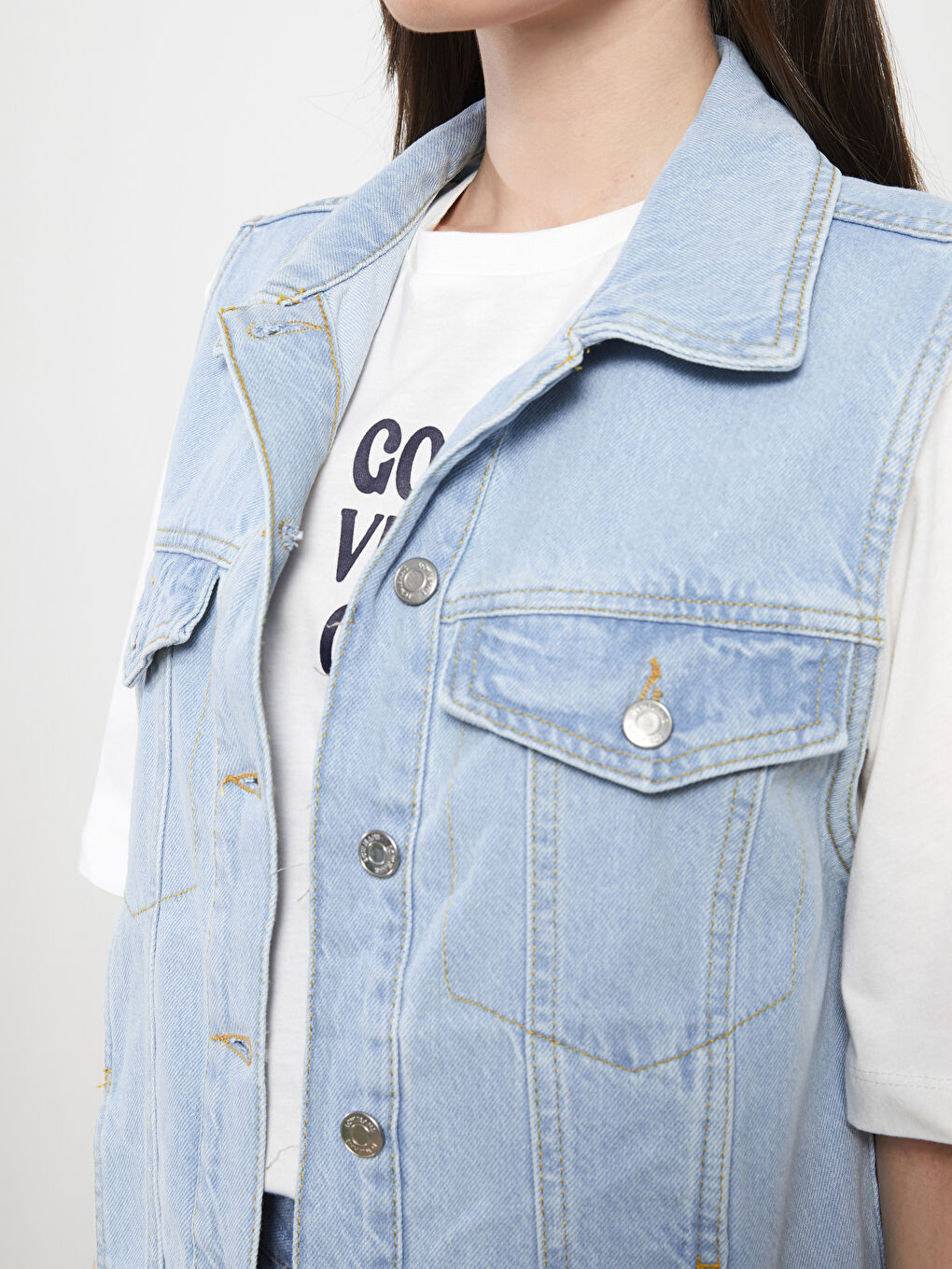 İndigo Kadın Gömlek Yaka Düz Jean Yelek-2