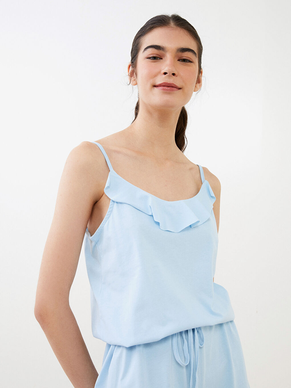 Mavi U Yaka Düz Askılı Pamuklu Kadın Tulum-2