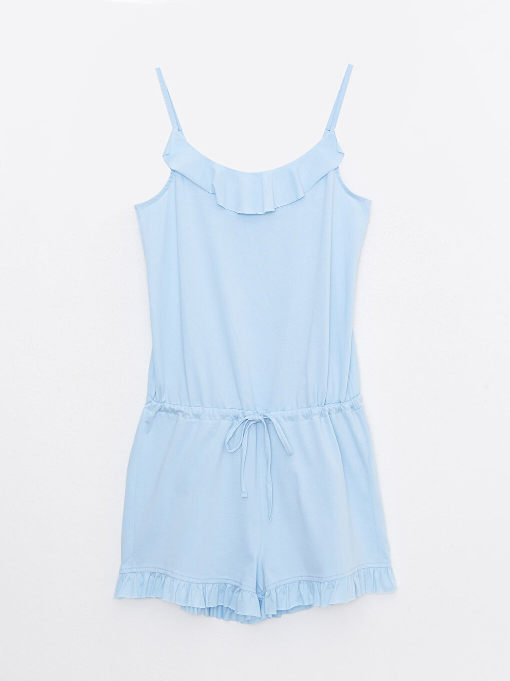 Mavi U Yaka Düz Askılı Pamuklu Kadın Tulum-5