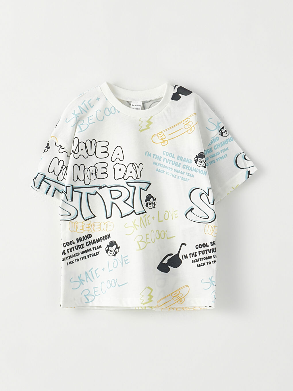 Ekru Bisiklet Yaka Kısa Kollu Baskılı Erkek Bebek Tişört ve Pantolon 2'li Takım-1