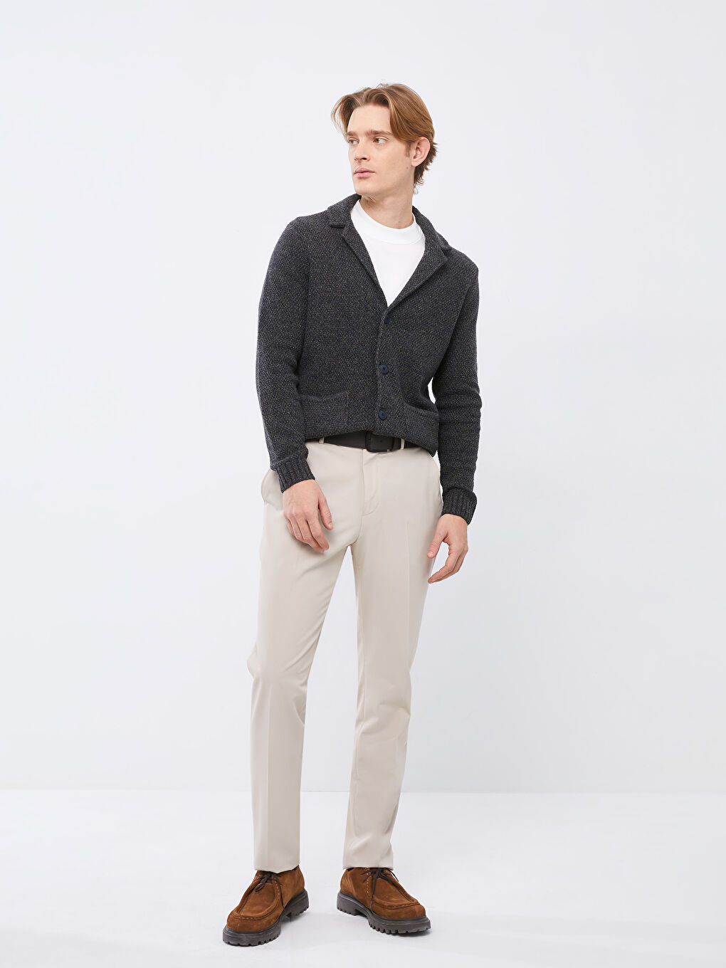 Haki Standart Kalıp Ceket Yaka Kalın Erkek Triko Hırka