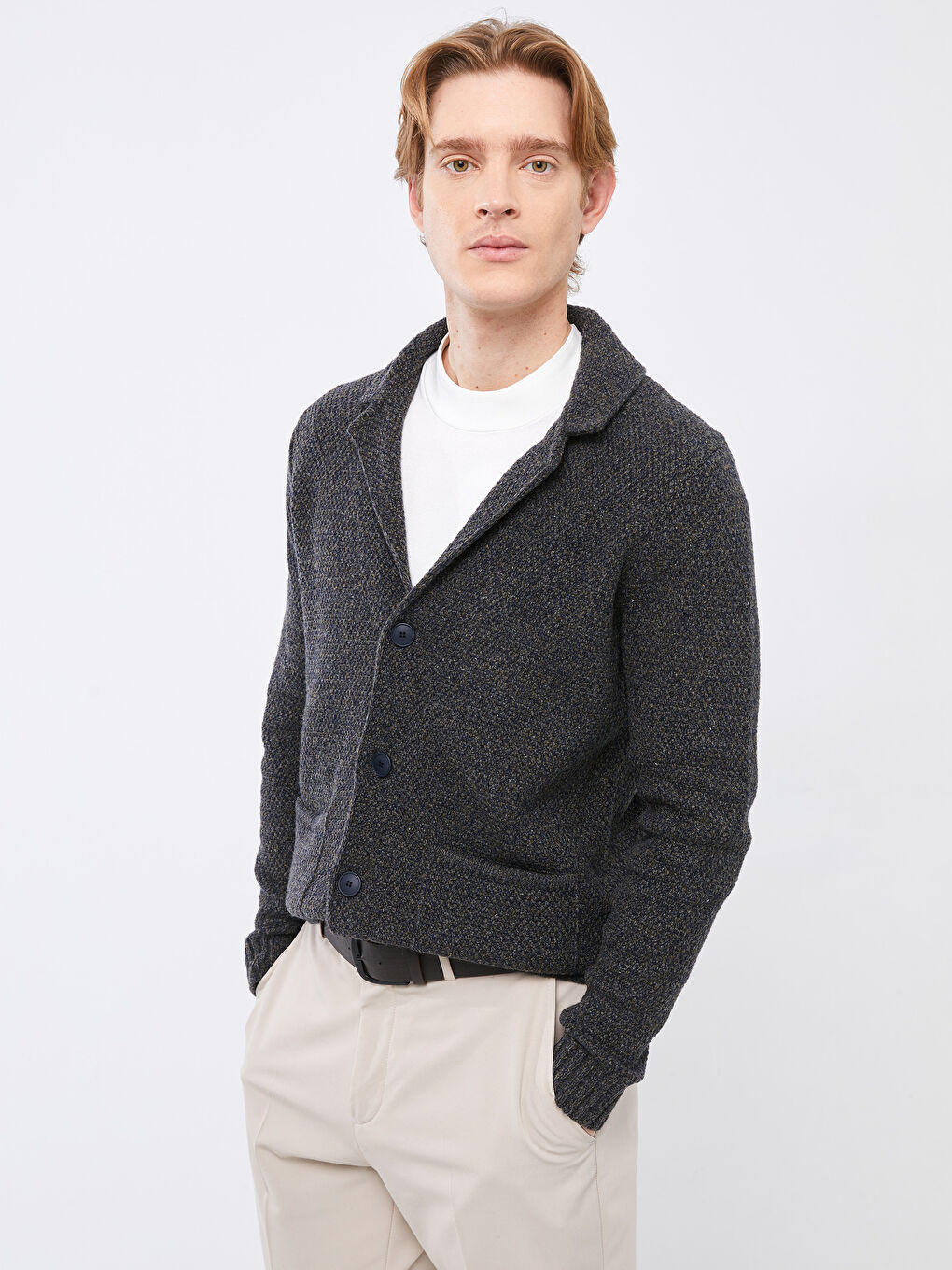 Haki Standart Kalıp Ceket Yaka Kalın Erkek Triko Hırka-1