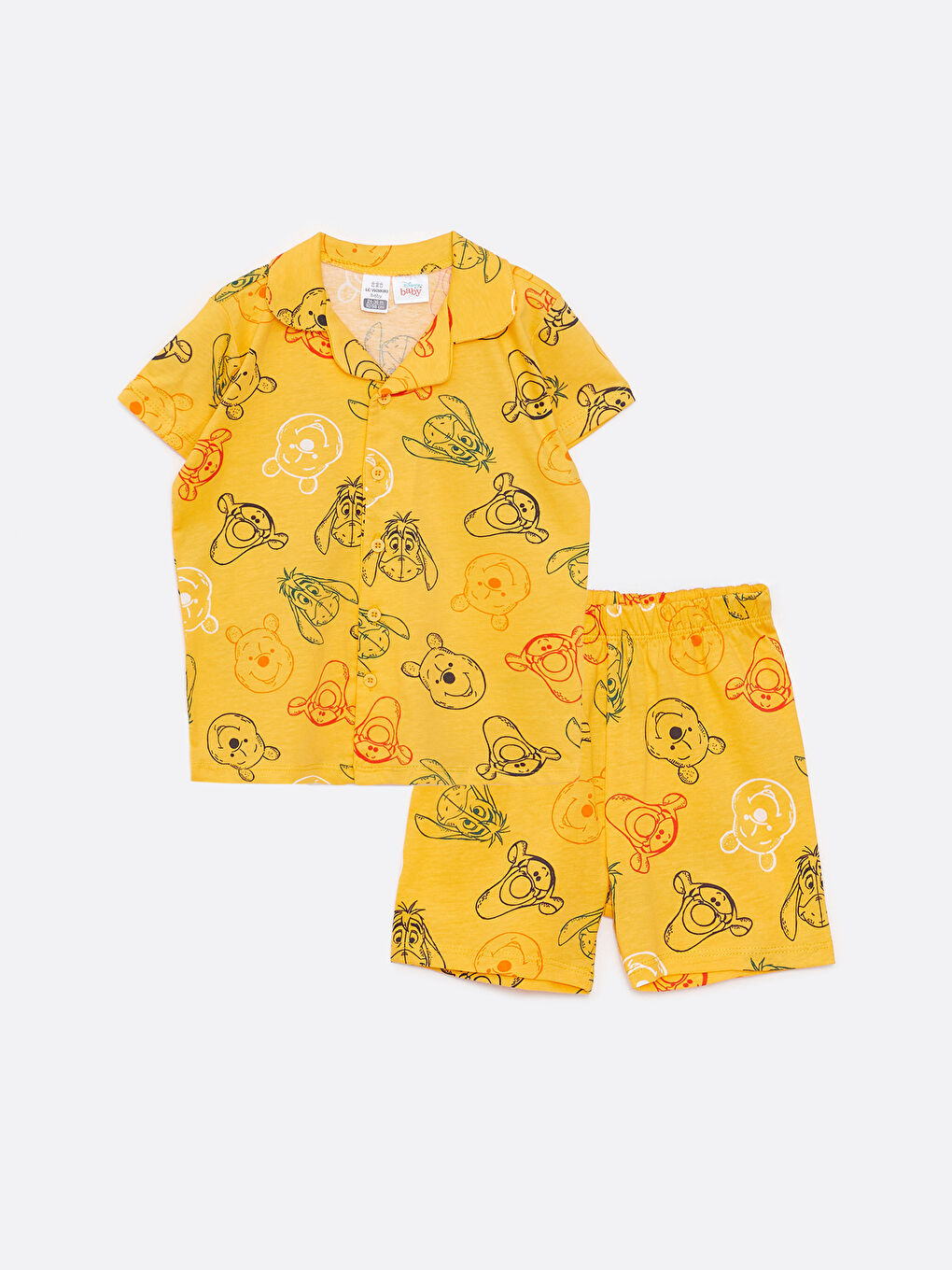Sarı Polo Yaka Kısa Kollu Winnie the Pooh Baskılı Pamuklu Kız Bebek Pijama Takım-4