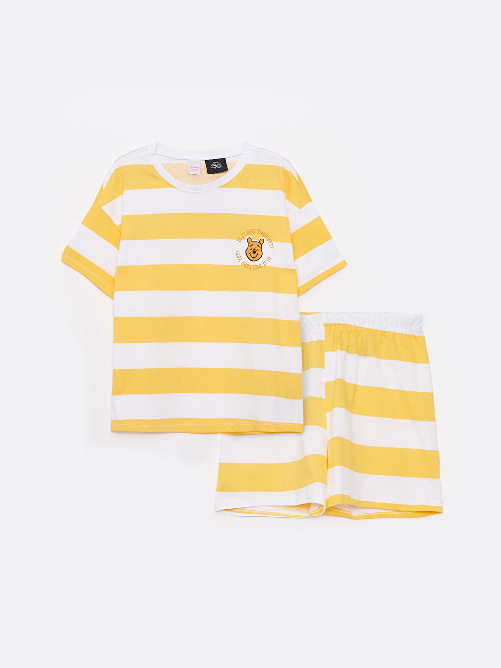 Ekru Bisiklet Yaka Winnie the Pooh Baskılı Kısa Kollu Kız Çocuk Şortlu Pijama Takımı-4