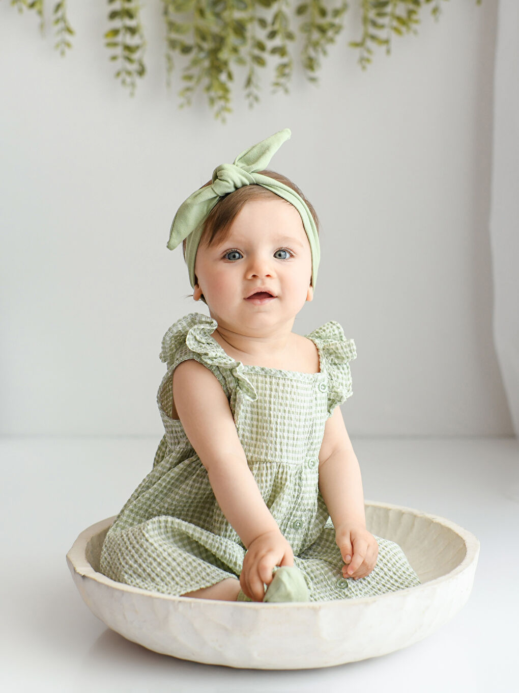 Yeşil Kare Yaka Ekose Desenli Kız Bebek Elbise