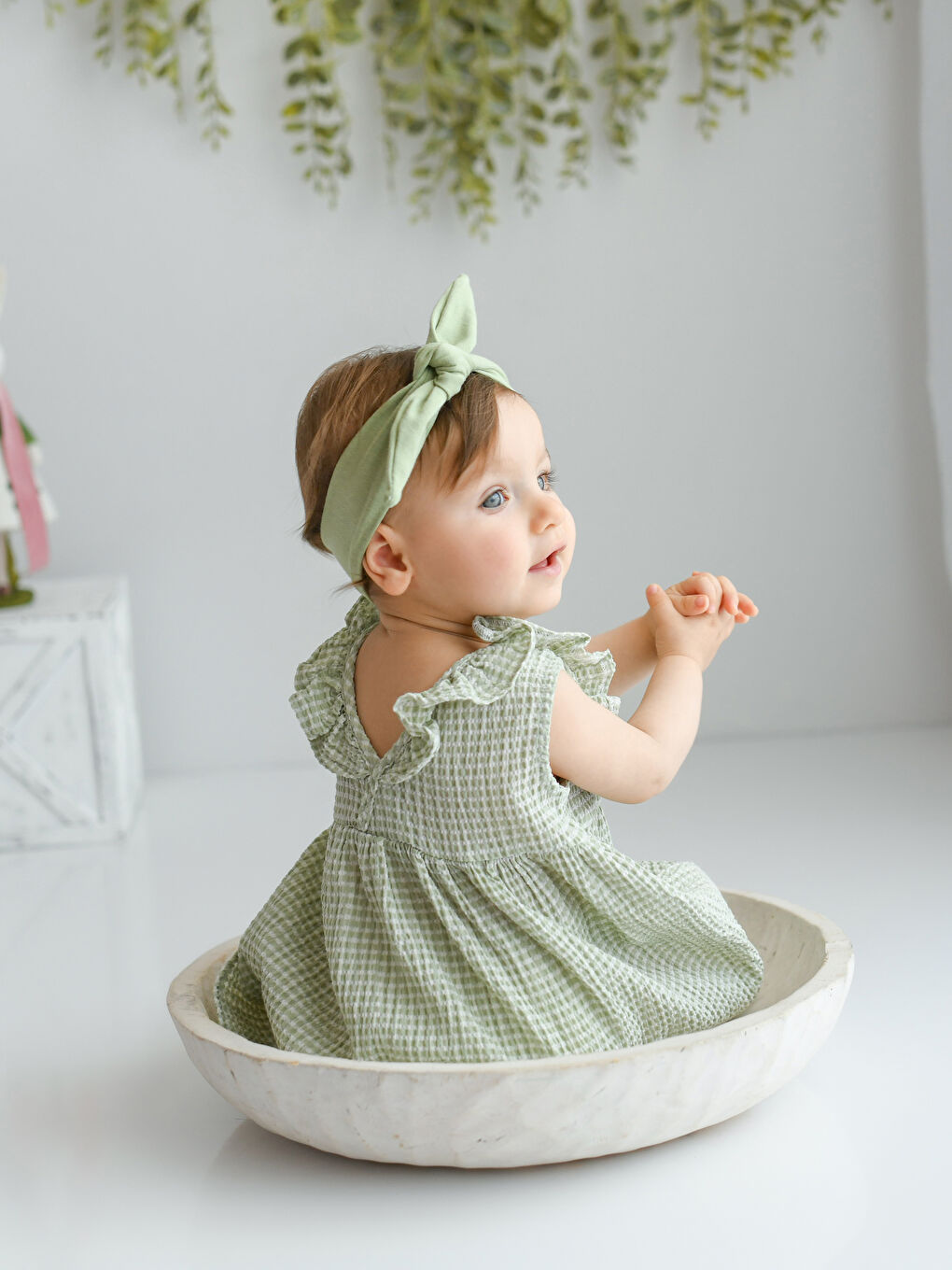 Yeşil Kare Yaka Ekose Desenli Kız Bebek Elbise-1