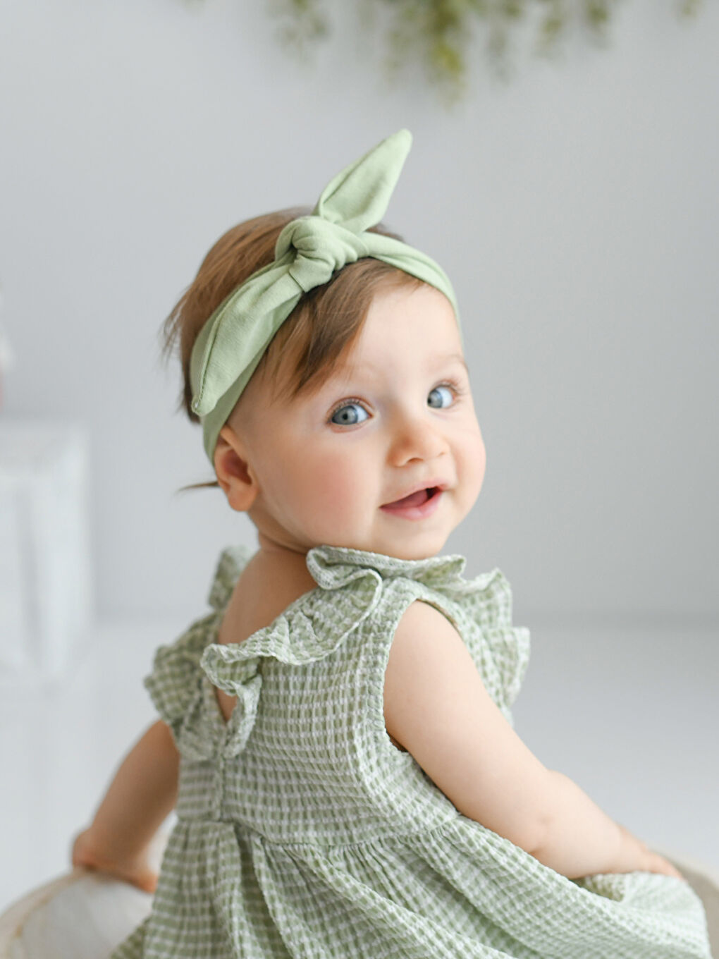 Yeşil Kare Yaka Ekose Desenli Kız Bebek Elbise-2