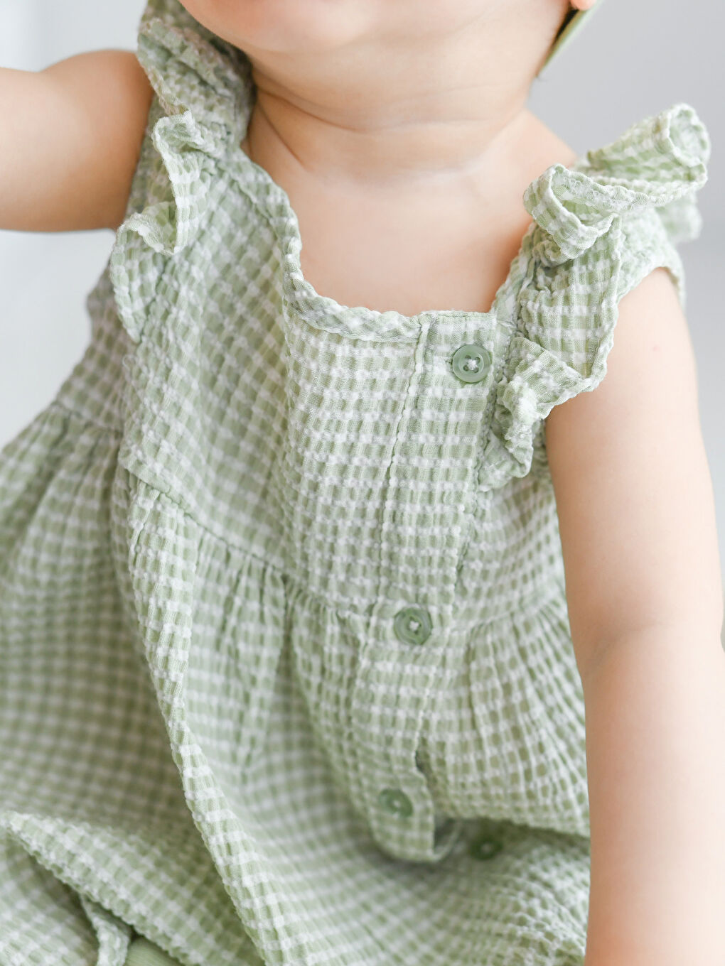 Yeşil Kare Yaka Ekose Desenli Kız Bebek Elbise-3